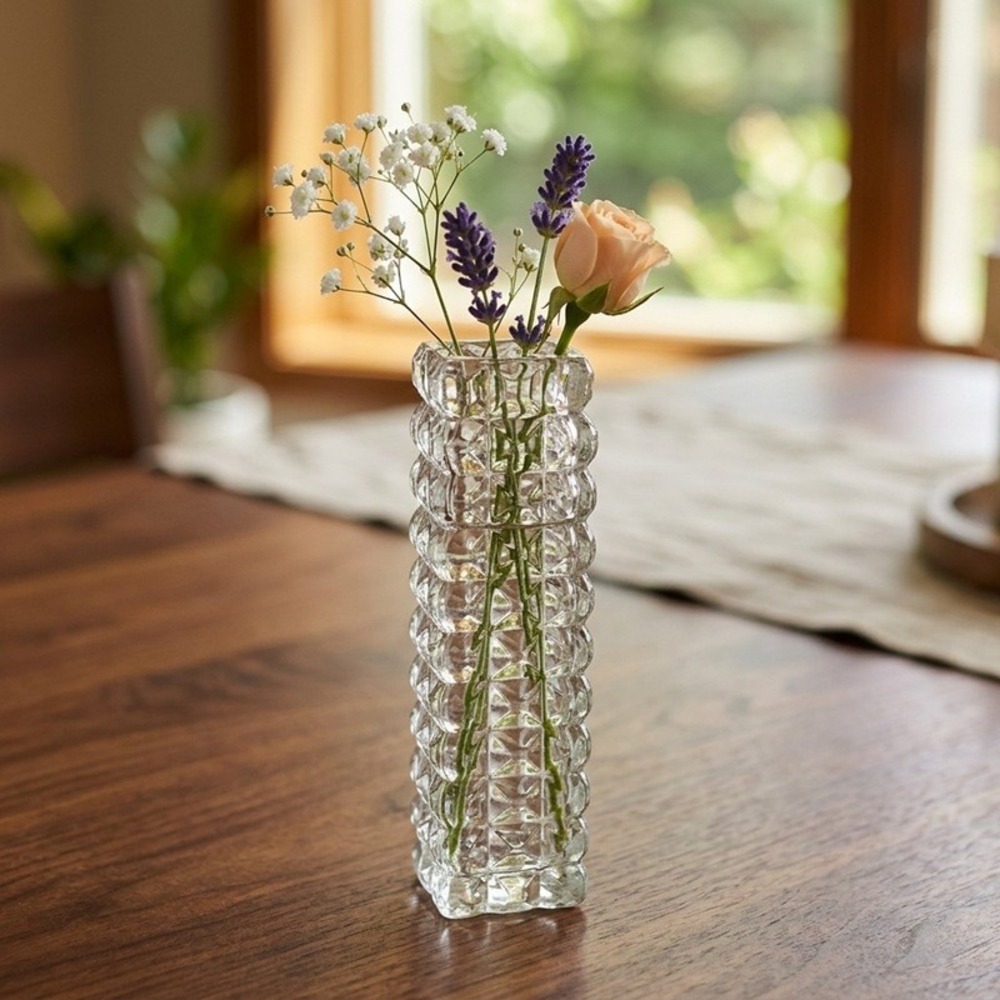Vintage Mid Century Heavy Crystal Block Bud Vase, Cubist Style, Square, 7" Tall